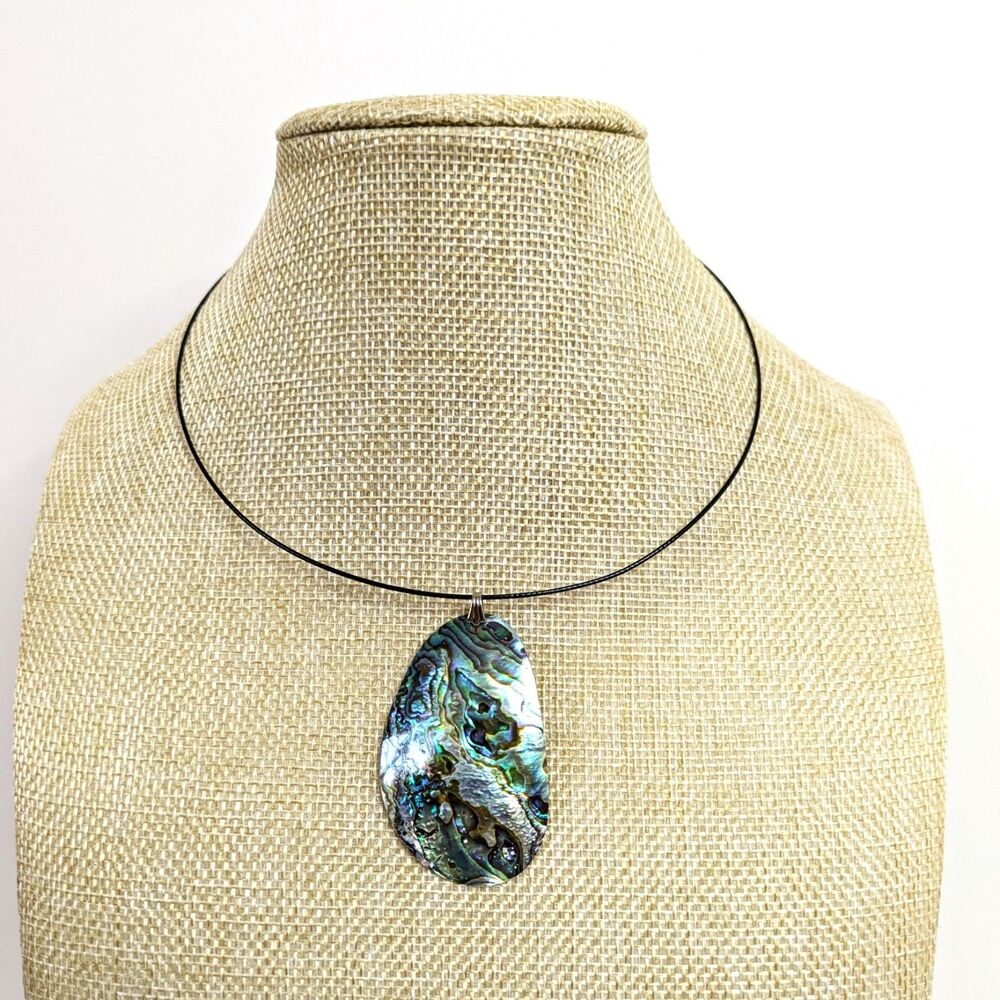 New Zealand Paua Shell Abalone Pendant Minimalist Black Wire Choker Necklace